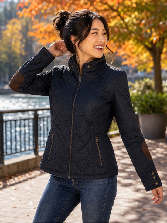 Cavalini Jackets & Blazers - Cavalini Quilted Navy Utility Jacket with Brown Elbow Patches